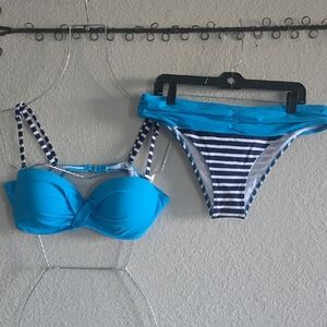 Bright Turquoise Bandeau Bikini Set with Striped Navy Bottom